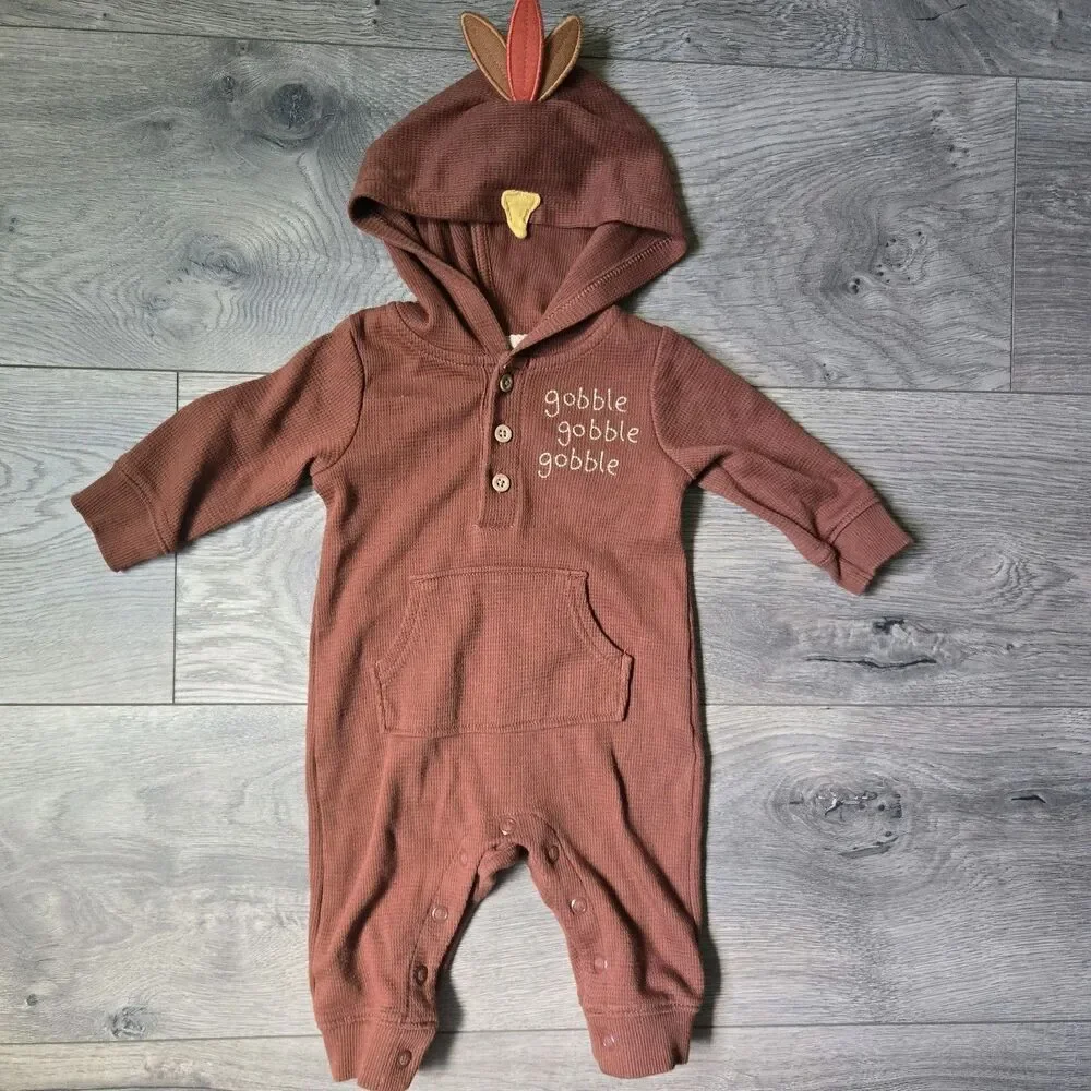 Carters 3M Baby Turkey Thanksgiving Jumpsuit Brown Waffle Thermal Romper Hooded